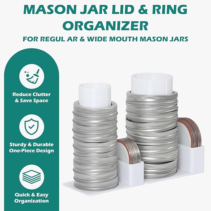 Mason Jar Lid Organizer and Storage, Canning Lids Holder Compatible with Regular and Wide Mouth, Holds 12 Lids&12 Rings per Pack (Set of 2) - White