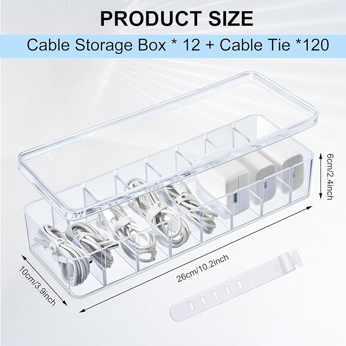 Tatuo 12 Pcs Cord Organizer for Drawer Desktop, Cable Organizer Box with 8 Compartments and Wire Ties, Plastic Charger Storage with Lid, Electronics Case for Home Office Accessories (Small,Clear)