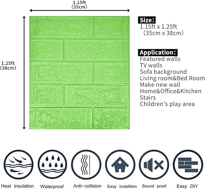 3D Wall Panels, 58 sq.feet Coverage, Printable Wallpaper Sticker with Self-Adhesive Waterproof Brick PE Foam Wall Panels Peel and Stick for Interior Wall Decor, Home Decoration 40 PCS Green