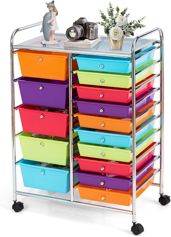 DREAMADE Rolling Cart with 15 Drawers, Rolling Drawer Organizer Cart w/Lockable Wheels, Removable & 2-Sized Storage Drawers, Art Cart for School Home Art Supplies Crafts File Scrapbook (Multi-color)