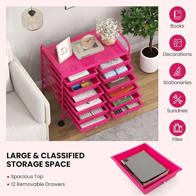 LDAILY 12 Drawer Rolling Storage Cart, Craft Cart Organizer on Wheels w/Metal Frame, Large Capacity & Smooth Drawer, Rolling Cart w/Drawers for Classroom, Office
