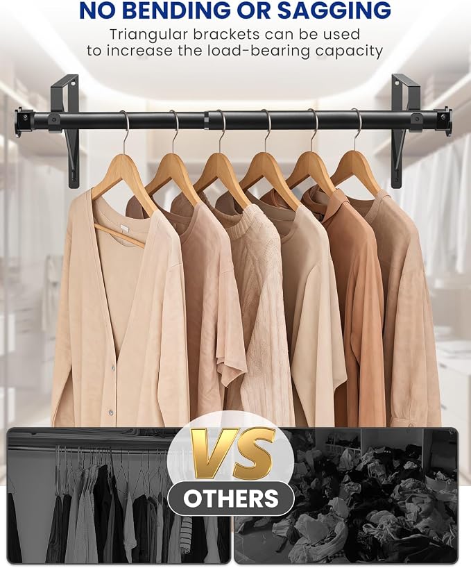 Supforce Adjustable Closet Rod with Triangular Brackets, 17-39in, Black | 1.3in Metal Closet Rod Supports Up To 150 lb, Heavy Duty Rod Reduces Sagging and Mount Securely for Wardrobes Closet Laundry
