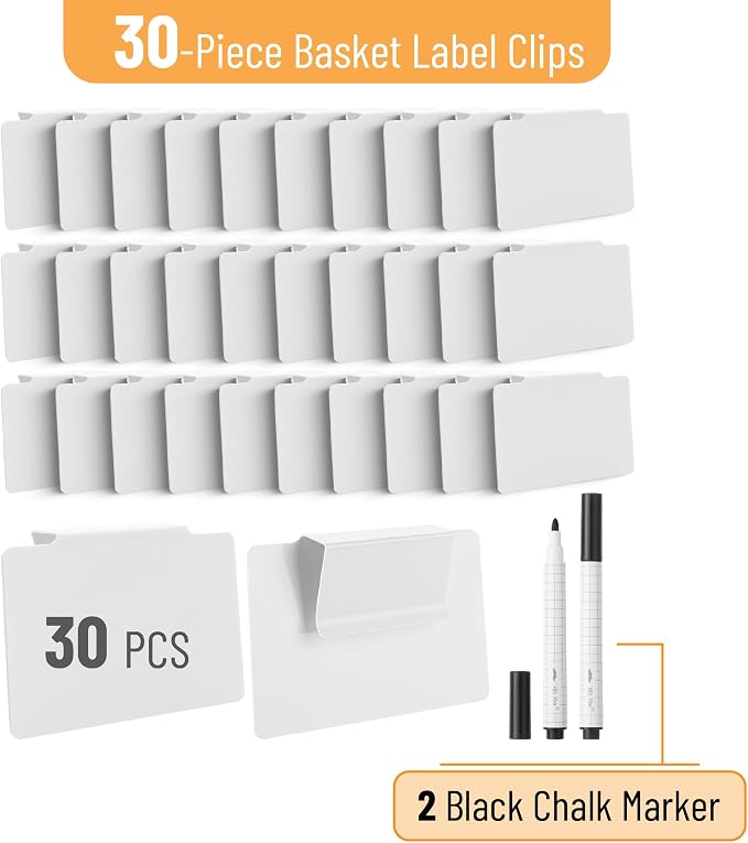 Mr. Pen- Basket Labels Clip On Set | 30 pcs Clip On Labels for Storage Bins with 2 Black Markers, Basket Tags, Easy to Clean