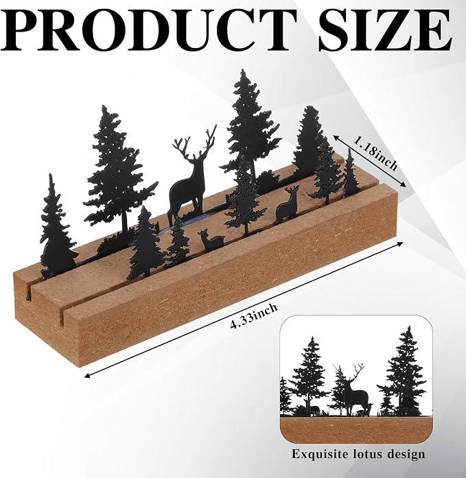CroBlissful 2 Pcs Deer Forest Business Card Holders for Desk, Wood&Metal Black Mountain Range Forest Reindeer Silhouette Business Card Display Stand for Home Office