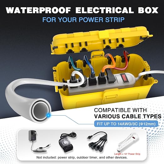 Flemoon [2 Pack] Outdoor Electrical Box Waterproof, Medium Weatherproof Electrical Box (11.5x5.2x4 inch) w/6 Cable Entry Ports, Extension Cord Cover for Power Strip, Timer, Holiday Light, Yellow