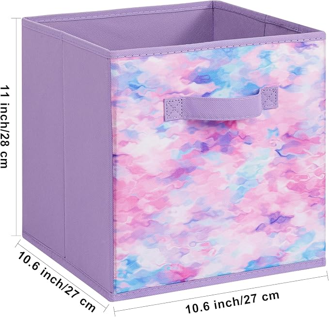 Stero Fabric Storage Cubes, 6 Pack Foldable Storage Bins with Handle, 11 Inch Box for Shelves, Closet, Organizer, Tie-dye Purple