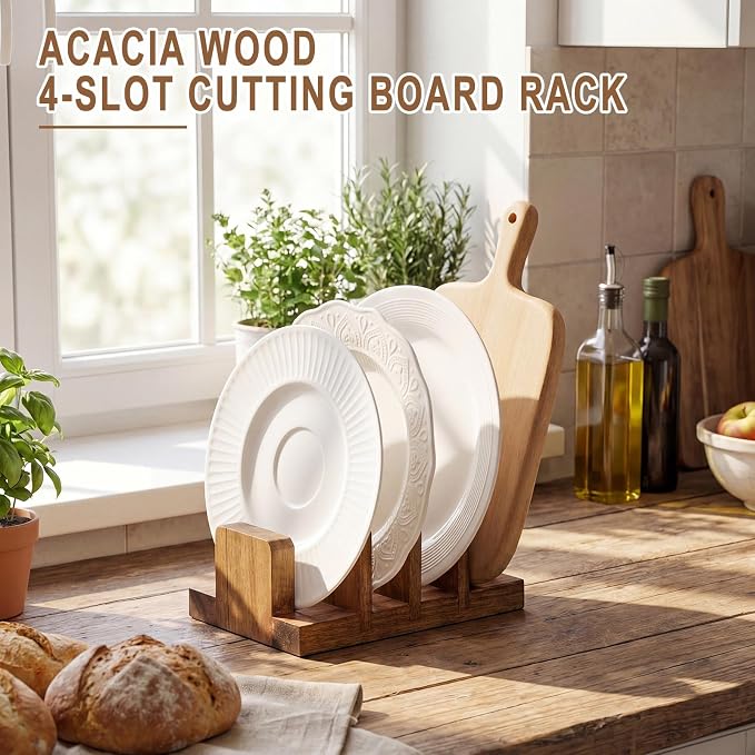 Acacia Wood Cutting Board Holder, 4 Slot Cutting Board Organizer Rack, Baking Pan, Bakeware & Knife Holder, Cabinet and Countertop Storage Stand for Kitchen, Dish, Plate, and Cookbook