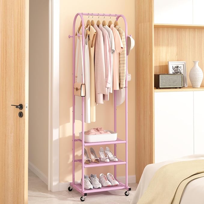 Kaitiemoo Heavy Duty Clothing Rack With Wheels,Modern Garment Rack With 3 Metal Shelves, 71.8Inches Display Rack For Hanging Clothes, Hanging Rod For Small Space,Pink