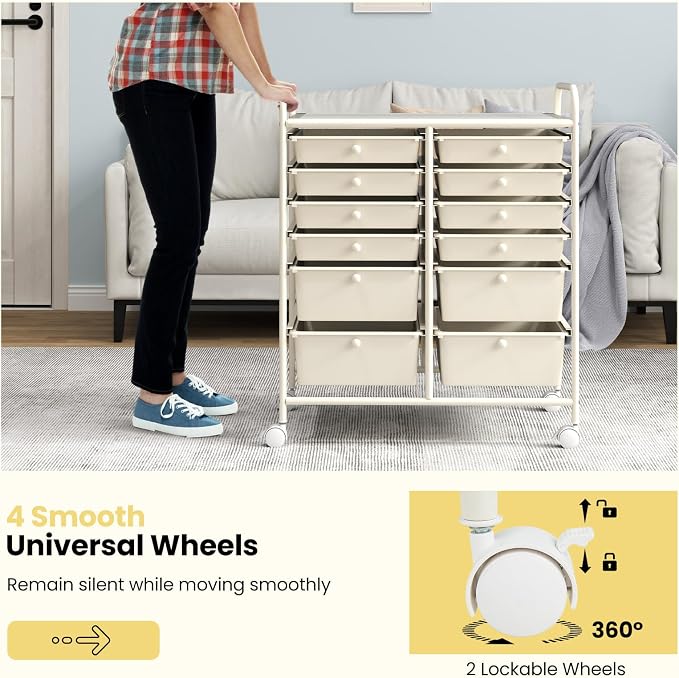 BECOMFORT 12-Drawer Rolling Cart with Drawers, Storage Cart on Wheels, Teacher Classroom Organizers with Metal Frame, Mobile Craft Cart, Trolley Utility Cart for School Office Play Room