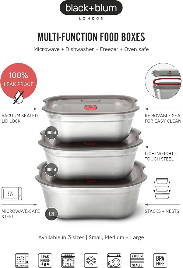 BLACK + BLUM Stainless Steel Microwave Safe Container Set | Mixed Set of 3 | Set of 600ml/900ml/1.2L, Leak Proof & Airtight, Durable & Reusable, Stackable Food Storage, Ideal for Meal Prep Batch Cooking