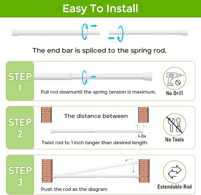 Spring Tension Rod 18-41 Inches No Drilling Adjustable White Spring Loaded Curtain Rod Expandable Small Short Tension Curtain Rod for Windows,Kitchen,Doorway