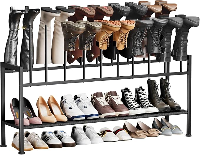 DIMJ Boot Rack 3-Tier - Black Metal Boot Storage Rack for Tall Boots Organizer Shoe Rack for Boots, Sneakers, High-Heel, Entryway, Fit for 10 Pairs, Black