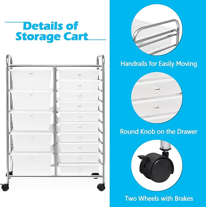 Moccha 15-Drawer Rolling Storage Cart - Under Desk Storage Drawers with wheels for Craft Art Supply Paper Salon, Scrapbook Paper Tools, Mobile Utility Cart for Classroom (15 Drawers, Clear)