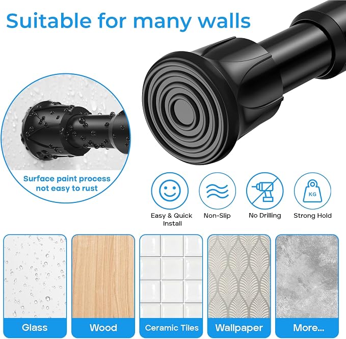 4 Pack Tension Rods for Windows 28 to 48 inch, Adjustable Curtain Rods No Drilling Spring Rods Extendable Pressure DIY Tension Rod for Window Closet Kitchen, Black