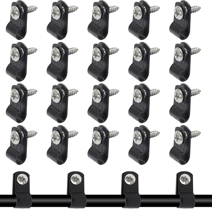 100 Pcs 1/4 Inch Black Nylon Screw Mounting R-type Cable Clip | 6.4mm, Wire Management, Stainless Steel Screws Included