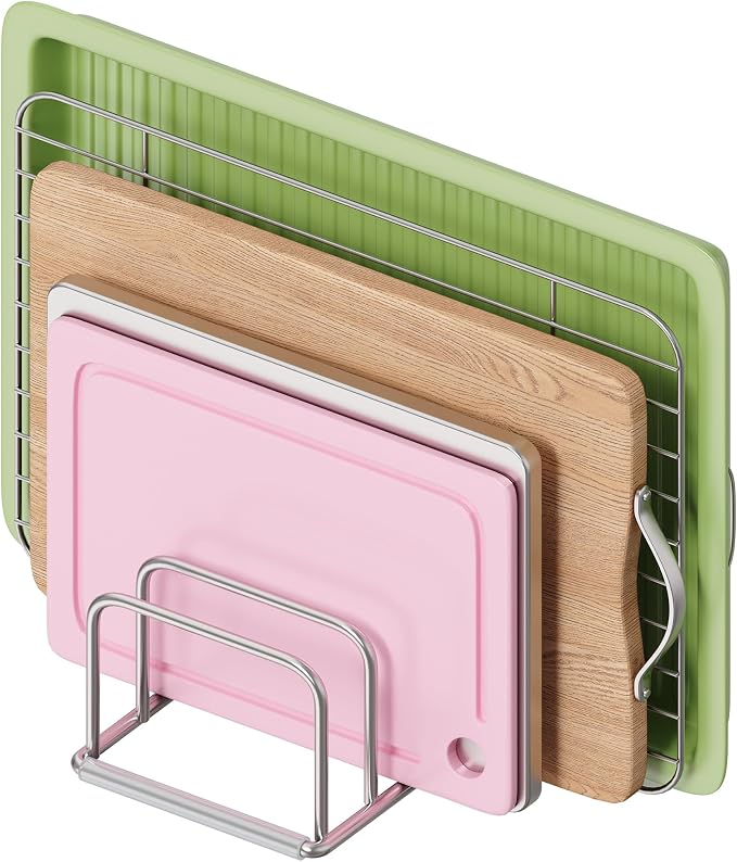Cutting Board Organizer, 304 Stainless Steel Chopping Board Holder & Pot Pan Lid Rack, Kitchen Shelf Organizer for Bakeware, Cookie Sheets & Trays