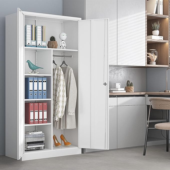 Yizosh Metal Armoire Wardrobe Closet Cabinet for Hanging Clothes with Lock Doors, -72" Steel Lockable Wardrobe Storage Locker Clothes Organizer for Bedroom, Laundry Room (White)