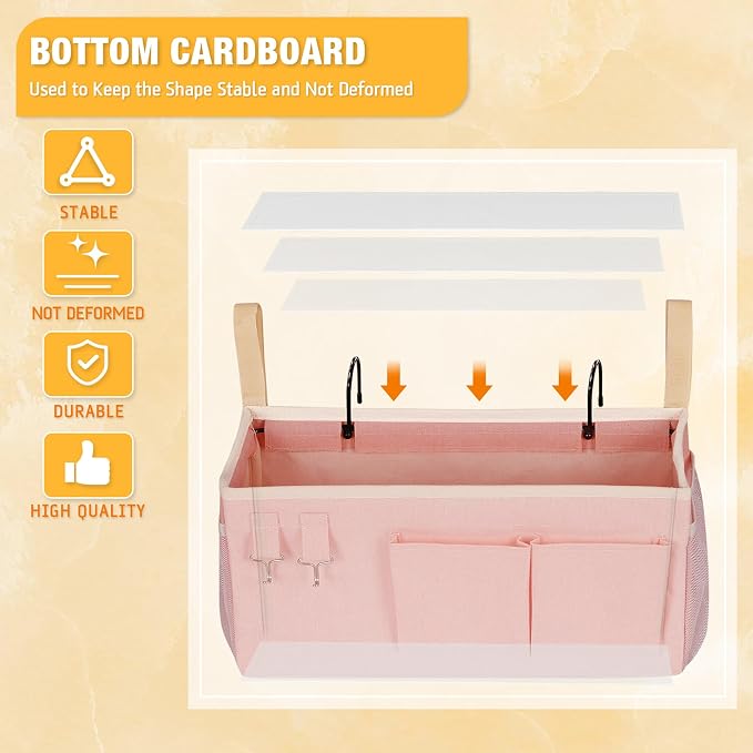 Lilithye Bedside Caddy Bedside Organizer Bedside Storage Caddy with Fixed Straps and Water Bottle Holder for Home College Dorm Bunk Bed Hospital Bed Crib Bed Rails (New Pink)