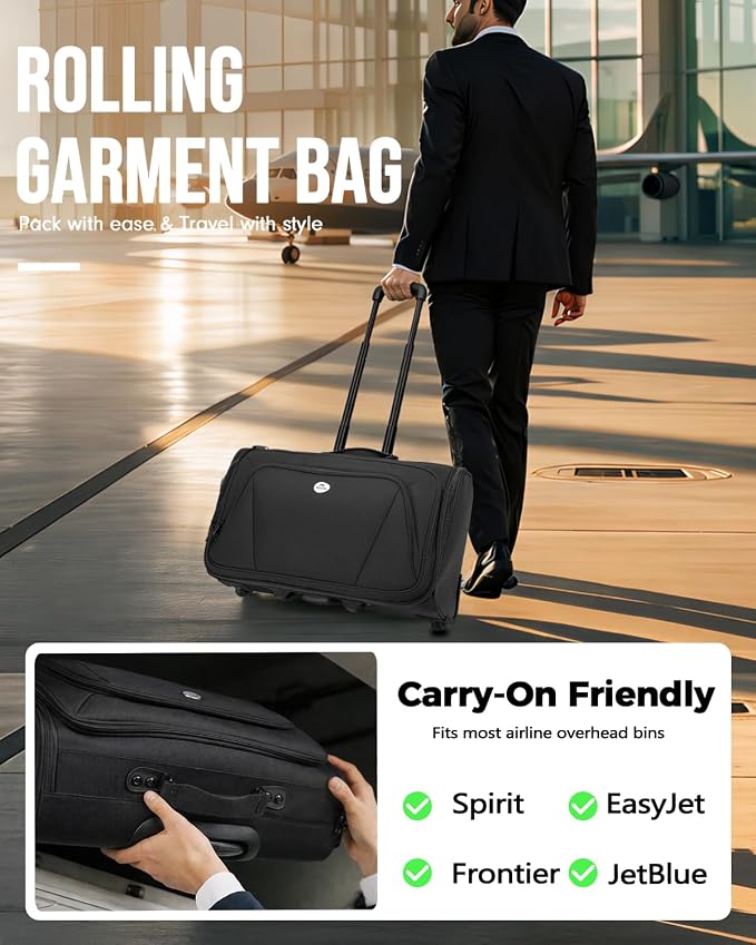 MATEIN Carry On Garment Bag with Wheels, Wheeled Garment Travel Suit Bag | For Airline Travel, 2 Packing Cubes, 22x14x9, Business 2 Wheel Luggage Suitcase, Fits 17.3" Laptop, For Men Women, Black