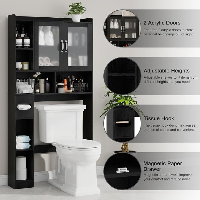 Vabches Over The Toilet Storage Cabinet, Farmhouse Storage Cabinet Over Toilet with Acrylic Doors，Home Space-Saving Toilet Rack, for Bathroom, Restroom, Laundry (Black)