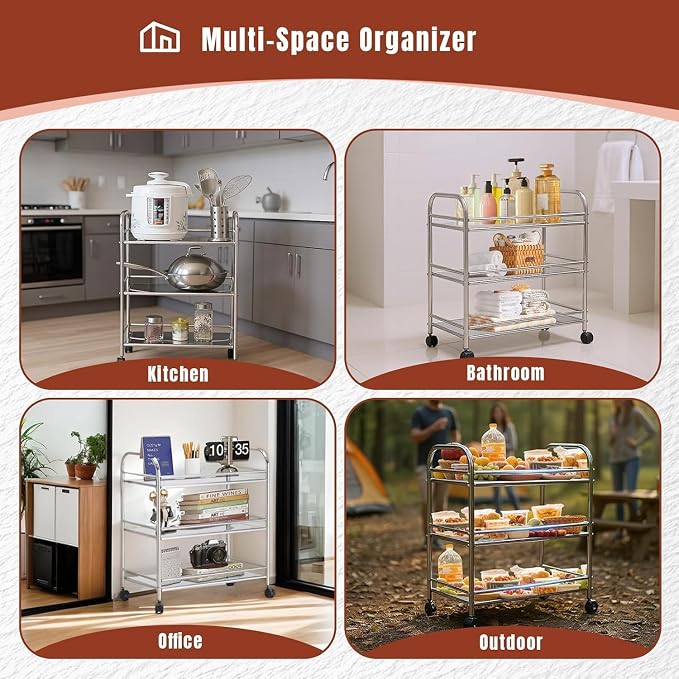 Heavy-Duty NSF 301 Stainless-Steel Rolling Cart – 3-Tier with White Protective Film & Locking Wheels | Commercial Wire Shelving for Kitchen