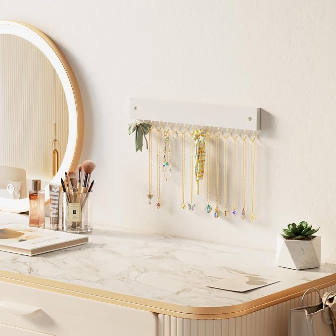 Lolalet Wooden Necklace Holder for Wall with 15 Hooks -Goldwhite | Wall Mount Jewelry Hangers for Necklaces, Chains, Bracelets and Earrings, Tangle-free, Easy to Install