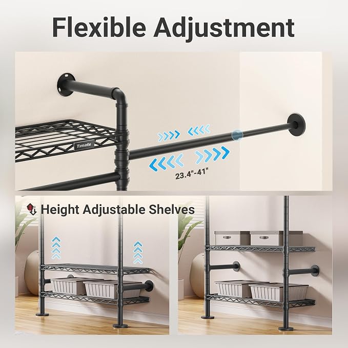 Timate S3X Expandable Wall Mounted Clothes Rack with 6 Adjustable Shelves & 4 Expandable Hanger Rods, Heavy Duty Industrial Pipe Clothing Rack for Hanging Clothes, Fits Spaces 5'11"- 8'10", Black