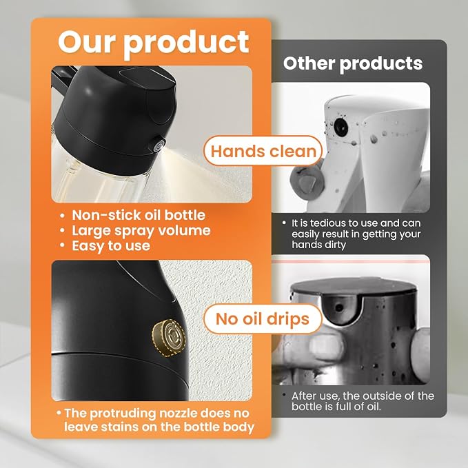 Oil spray can for kitchen, two in one leak proof plastic oil spray bottle, delicate handle spray olive oil can, reusable oil spray bottle, suitable for air frying pan, kitchen, salad, barbecue, baking