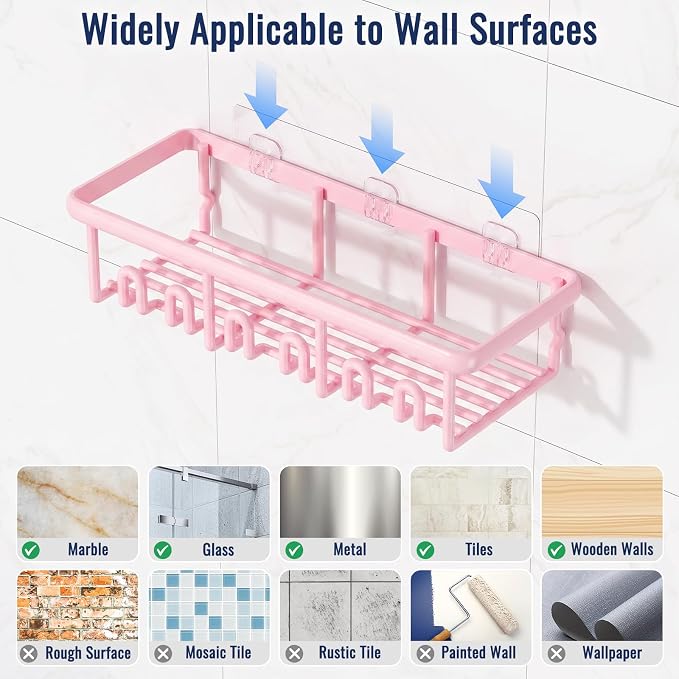 8 Pack Adhesive Rustproof Shower Caddy with Soap Dishes, Toothbrush Holder & Hooks, Large Capacity No-Drilling Shower Shelves Rack for Bathroom Organizers and Storage Accessories, Pink