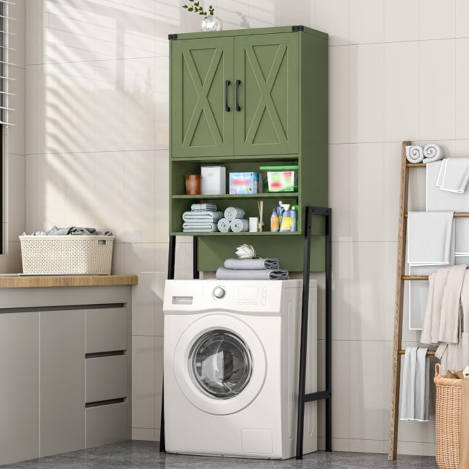 Vabches Over The Toilet Storage Cabinet, Farmhouse Over Toilet Storage Cabinet, Metal Frame with 2 Barn Doors, Home Space-Saving Toilet Rack for Bathroom, Toilet, Laundry Room.Green