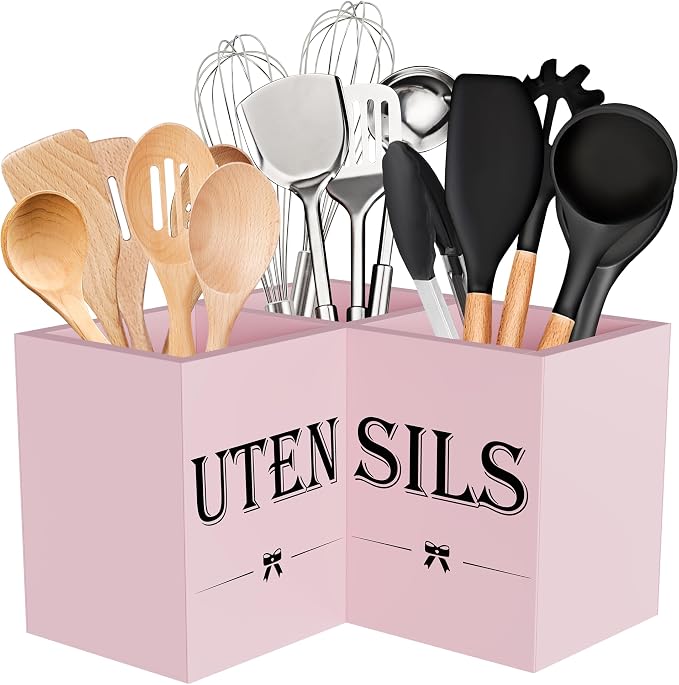 Suli Extra Large Utensil Holder Countertop for Kitchen Counter,Wood,Pink | Hold 40 Utensils,4 Removable Divider,Rutic Silverware Organizer Caddy,Spacesaving,Farmhouse Cooking Crock for Spatula,Spoon