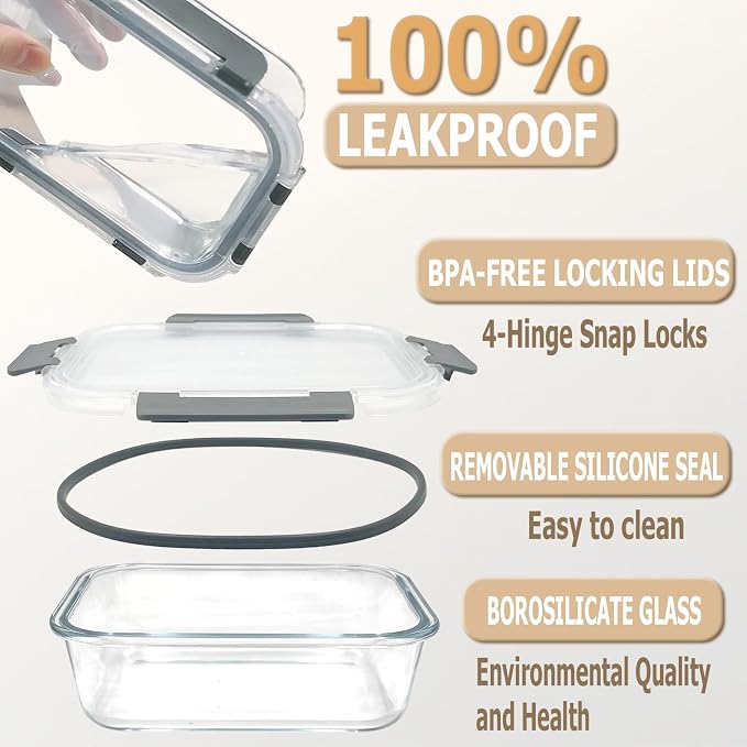 5 Packs 36oz Glass Food Storage Containers with Lids, Stackable Borosilicate Glass Bowls Meal Prep Lunch Containers Microwave Oven Freezer Safe (Gray-5)