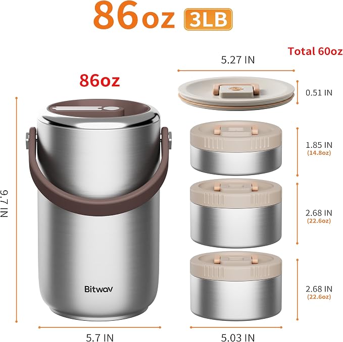 86oz Stainless Steel Vacuum Insulated Food Jar for Hot & Cold Food, Portable 3 Tier Stackable Bento Lunch Box, Wide Mouth Soup Thermos for Adults with Insulated Bag (Silver, 86 Ounces)