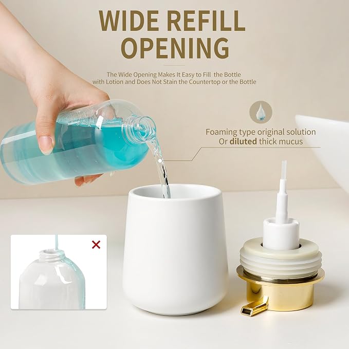 Bosilunlife Ceramic Bathroom Soap Dispenser - 12Oz Bathroom Countertop Kitchen Dish Soap Pump Dispenser Liquid Soap Dispenser - Matte White with Gold