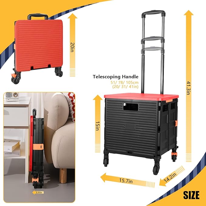 SELORSS Foldable Utility Cart Rolling Crate Handcart 110lbs Large Capacity Shopping Cart with 360°Rotate Noiseless Wheels & Telescoping Handle for Transports Groceries Office School Use（Red）