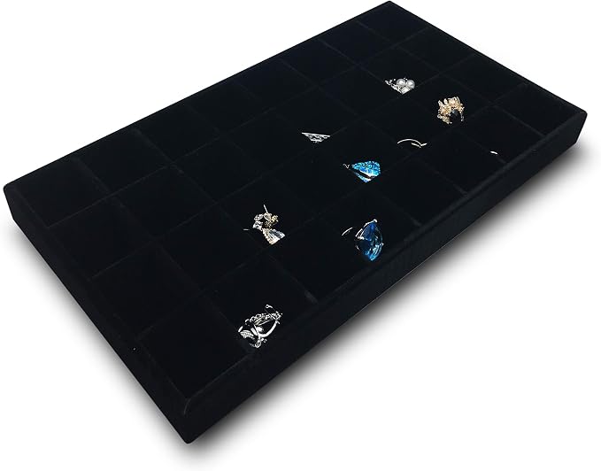 The Display Guys - Stackable Jewelry Tray and Organizer - for Drawers, Dressers, Store Display (32 Compartments, Black Velvet)