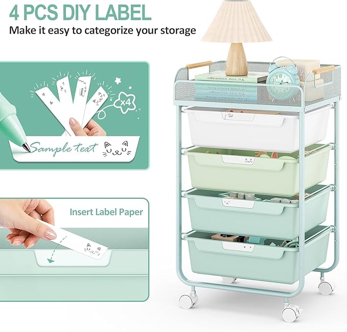 SYKIARIOL 4-Drawer Rolling Storage Cart with Mesh Top, Utility Craft Organizer Cart on Wheels with DIY Labels, Rolling Drawer Cart for Home Office Classroom Bedroom, Green