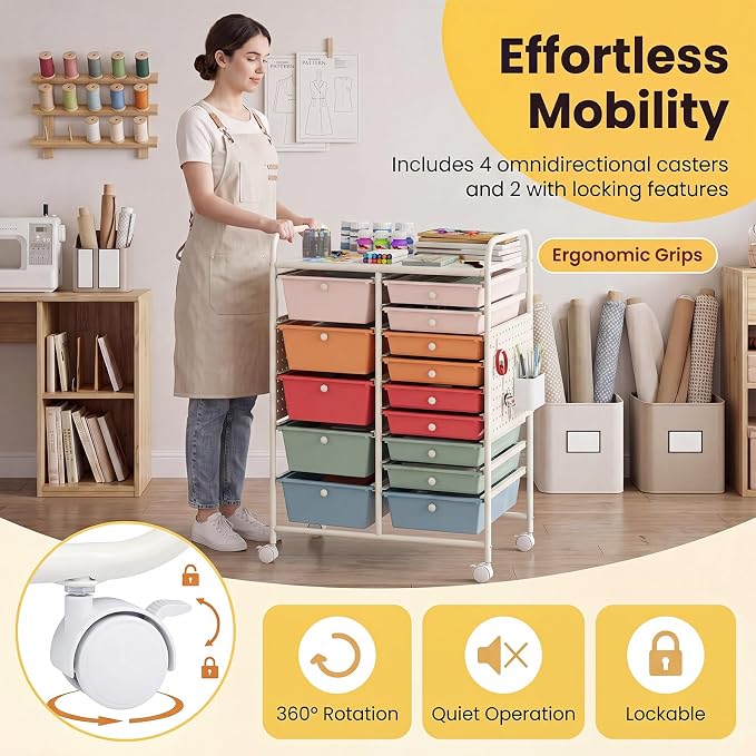 DREAMADE 15-Drawer Rolling Storage Cart, Craft Organizer Cart, Macaron | Mobile Utility Cart with Metal Pegboard Panels, Tabletop and Lockable Wheels for Classroom, Office, Studio and Playroom