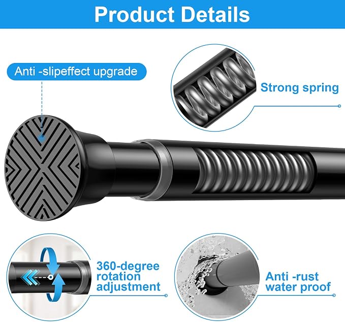 MEXAU 2 Pack Spring Tension Curtain Rods 31-76 Inch Black Shower Curtain Rod No Drilling Adjustable Spring Loaded Curtain Rods 7/8" Diameter Shower Rods for Window Bathroom Closet Doorway Door