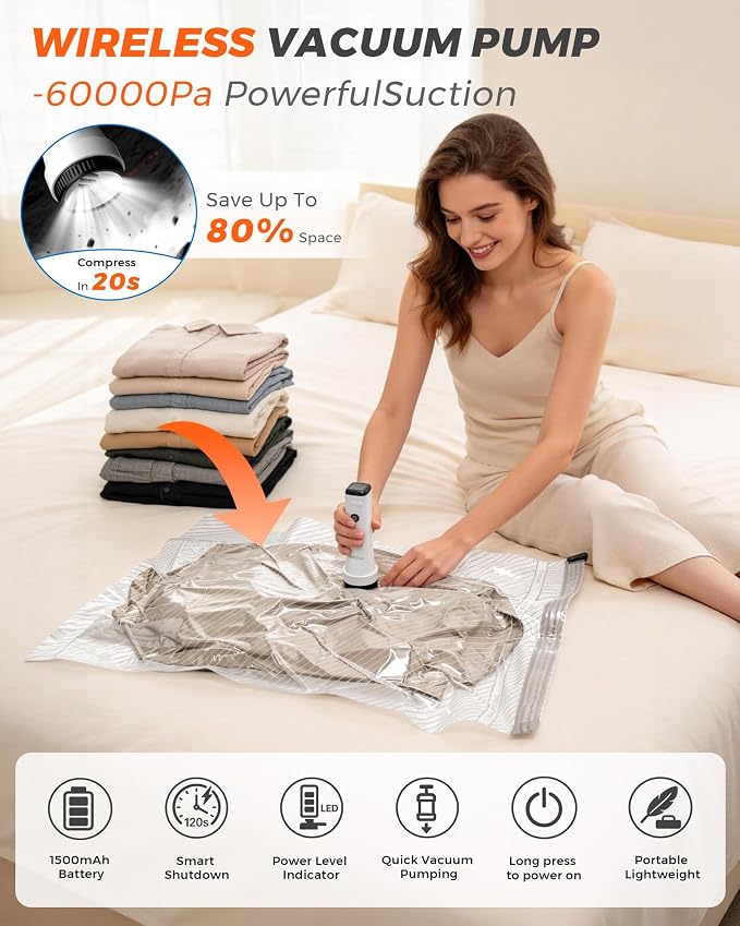 15 Pack Vacuum seal Bags for Clothing Travel with Power Pump and Luggage Scale, Space Saver Compression Bags for Suitcase, Travel Essentials to Monitor Luggage Weight & Avoid Overweight Fees(White)
