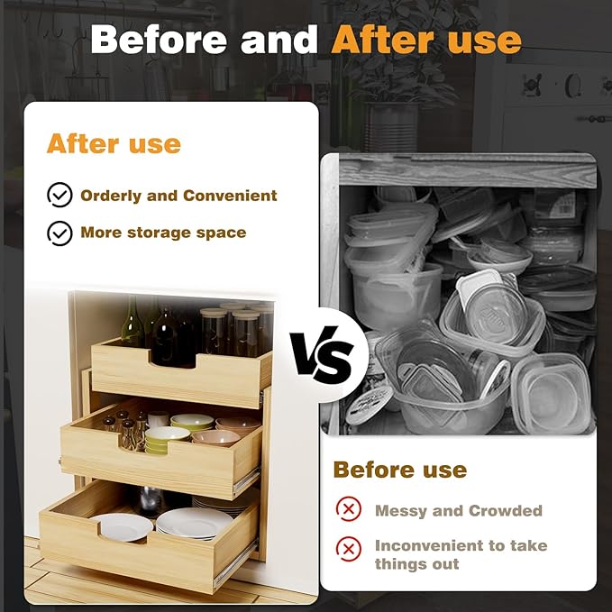 Pull Out Cabinet Organizer, 23''W×21''D Sliding Drawers for Cabinets, 3 Tier Soft Close Slide Out Wooden Pull out Drawers, Base Cabinet Organization for Kitchen, Pantry, Bathroom