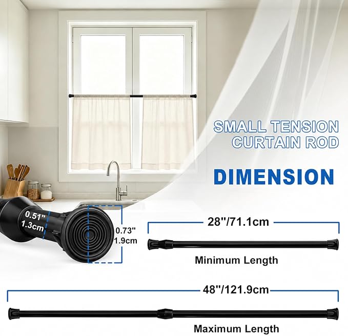 2 Pack Tension Curtain Rod 28-48 Inch, Small Short Adjustable Extendable Spring Loaded Rods for Windows Cabinet Blinds Closet Bedroom Kitchen Bathroom Door No Drilling, Black