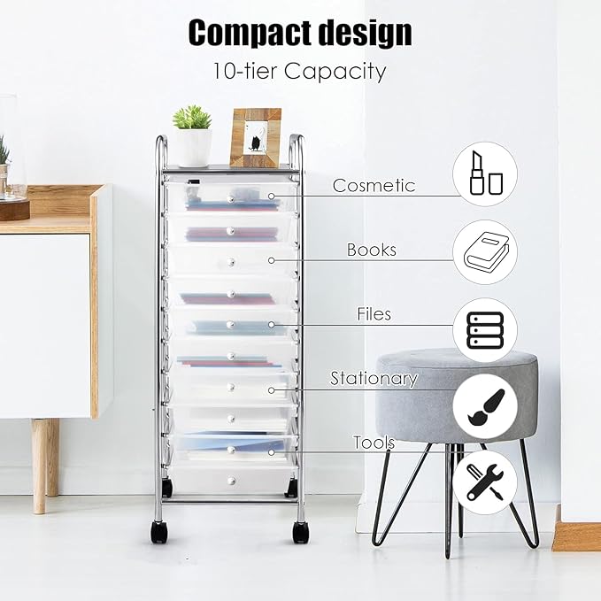 LDAILY 10-Drawer Rolling Storage Cart, Rolling Storage Cart, Storage Organizer on Wheels, Metal Frame, Scrapbook Paper Tools, Suitable for Office School, Classroom (Clear, 10 Drawer)