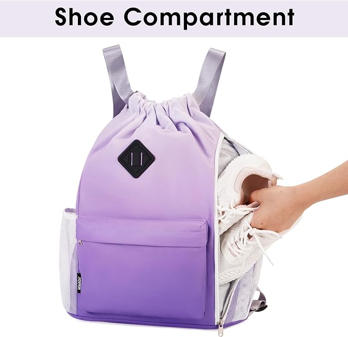 WANDF Drawstring Backpack with Shoe Compartment, Sports Gym Bag | Multi-Pocket Storage, Water-Resistant Fabric, Cinch String Bag