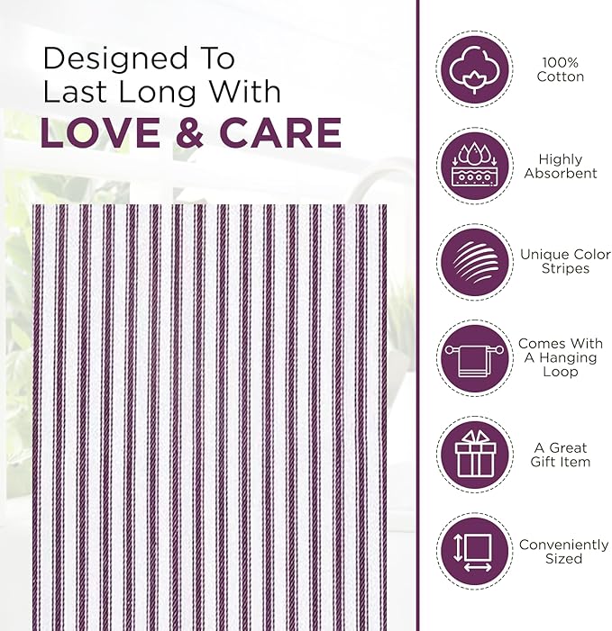 Stripe Kitchen Towels Decor Hanging Loop Tea Dish Towels Boho Absorbent Festive Gift Set of 6 Pantry Reusable 18x28 Inch Kitchen Dish Towels|Trendy Spring French Stripe|Purple