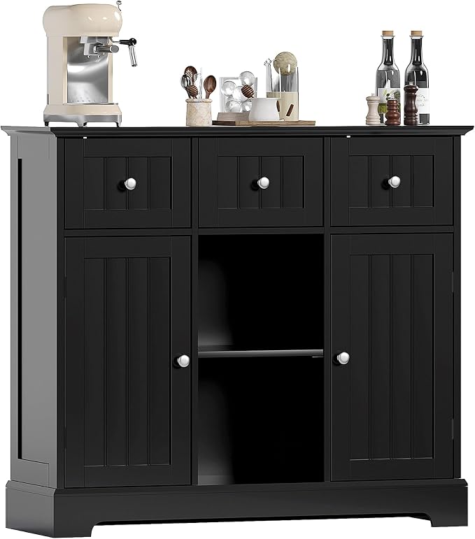 ChooChoo 35.4" Coffee Bar Cabinet with 3 Drawers and 2 Doors, Black | Buffet Cabinet with Adjustable Shelves, Storage Cabinet for Compact Kitchens, Dining rooms and Living rooms