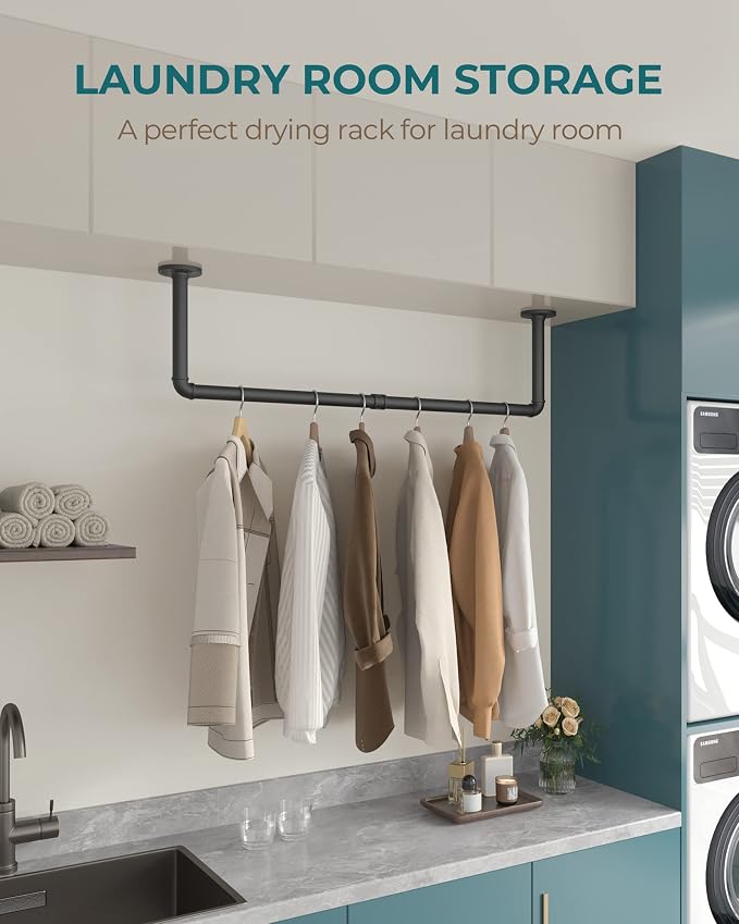 OROPY 38.4" Industrial Pipe Clothing Rack, Wall Mounted Clothes Rack | Heavy Duty Detachable Wall Mounted Clothes Rack, Iron Garment Bar, Multi-purpose Hanging Rod for Closet Storage, Black