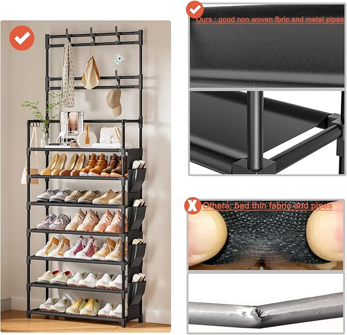 OYREL Shoe Rack 7 Tier Shoe Organizer Storage 21-28 Pairs | Closet Shoes Rack for Front Door Entrance Shoe Rack Organizer with Hooks Side Pocket Entryway Large Capacity Shoe Shelf Tower