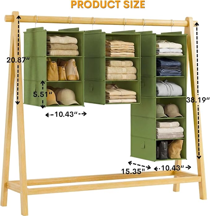Extra Deep Hanging Closet Organizers and Storage, 2 Pack 3-Shelf | Separable Hanging Shelves with Linen Texture, Foldable & Space-Saving, For Clothes, Handbags, Hats, Closet, Dorm, RV, Green