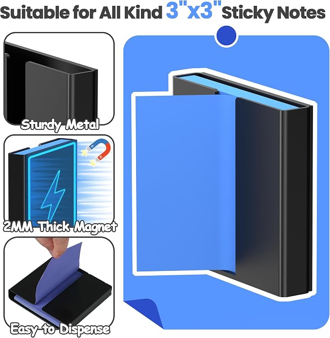 4 Pcs Sticky Note Dispenser, Magnetic Sticky Note Holder for Post It Notes, 3 x 3 Inch Sticky Note Organizer for Office Home Classroom, Black